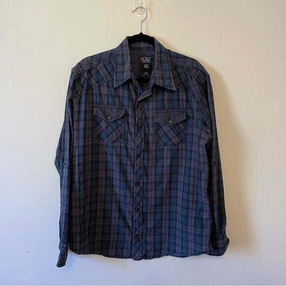 Vintage Point Zero L plaid casual button down t-shirt gray blue long sleeve - Picture 1 of 7